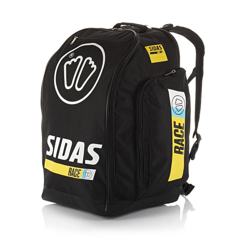 Sac noir Sidas Race Boot Bag 60L avec bretelles et accents jaunes, inscription RACE et logo imprimé sur le côté.