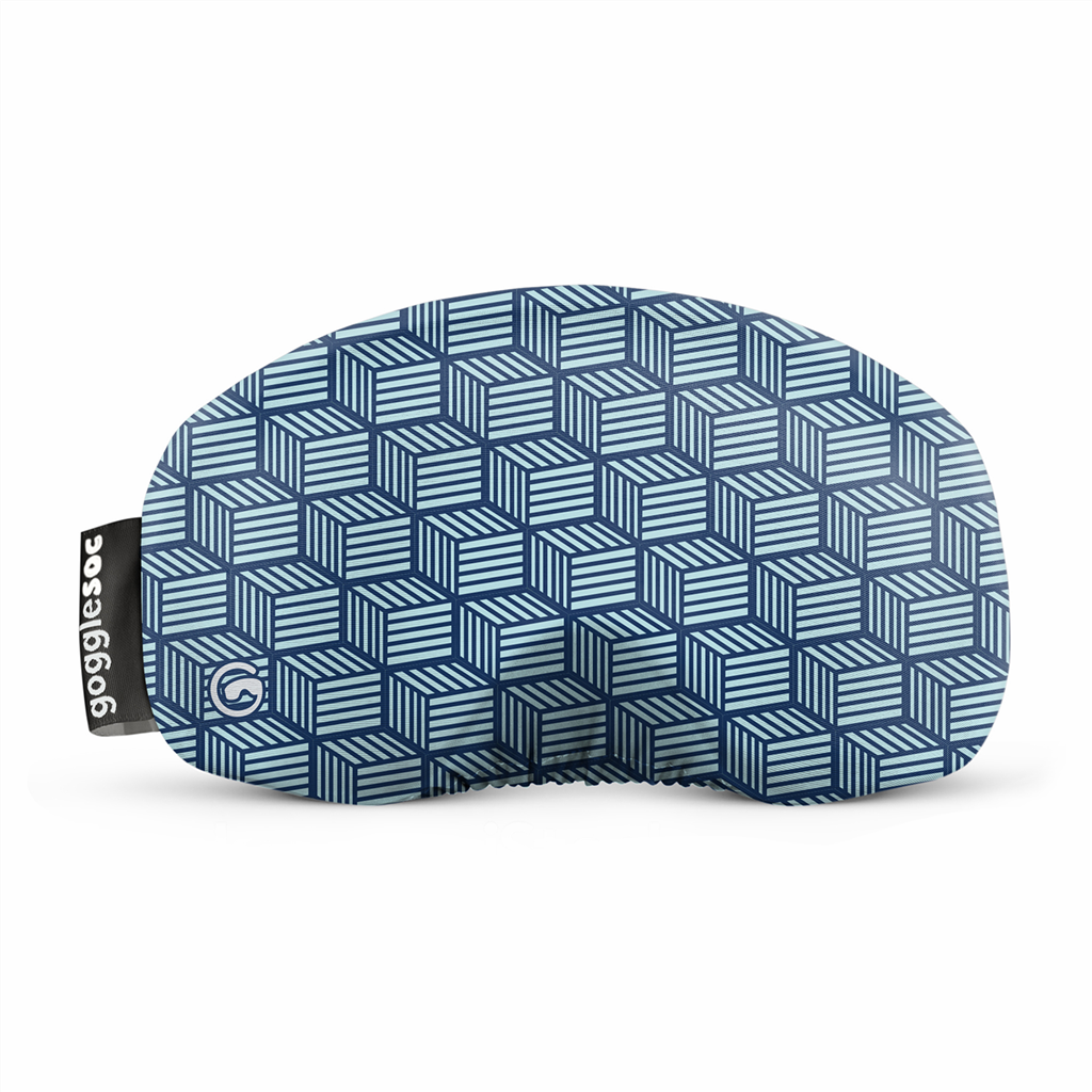 Brillensocke "Cube Soc" mit blauem Würfelmuster für Skibrillen. Schutz und Reinigungstuch in einem.