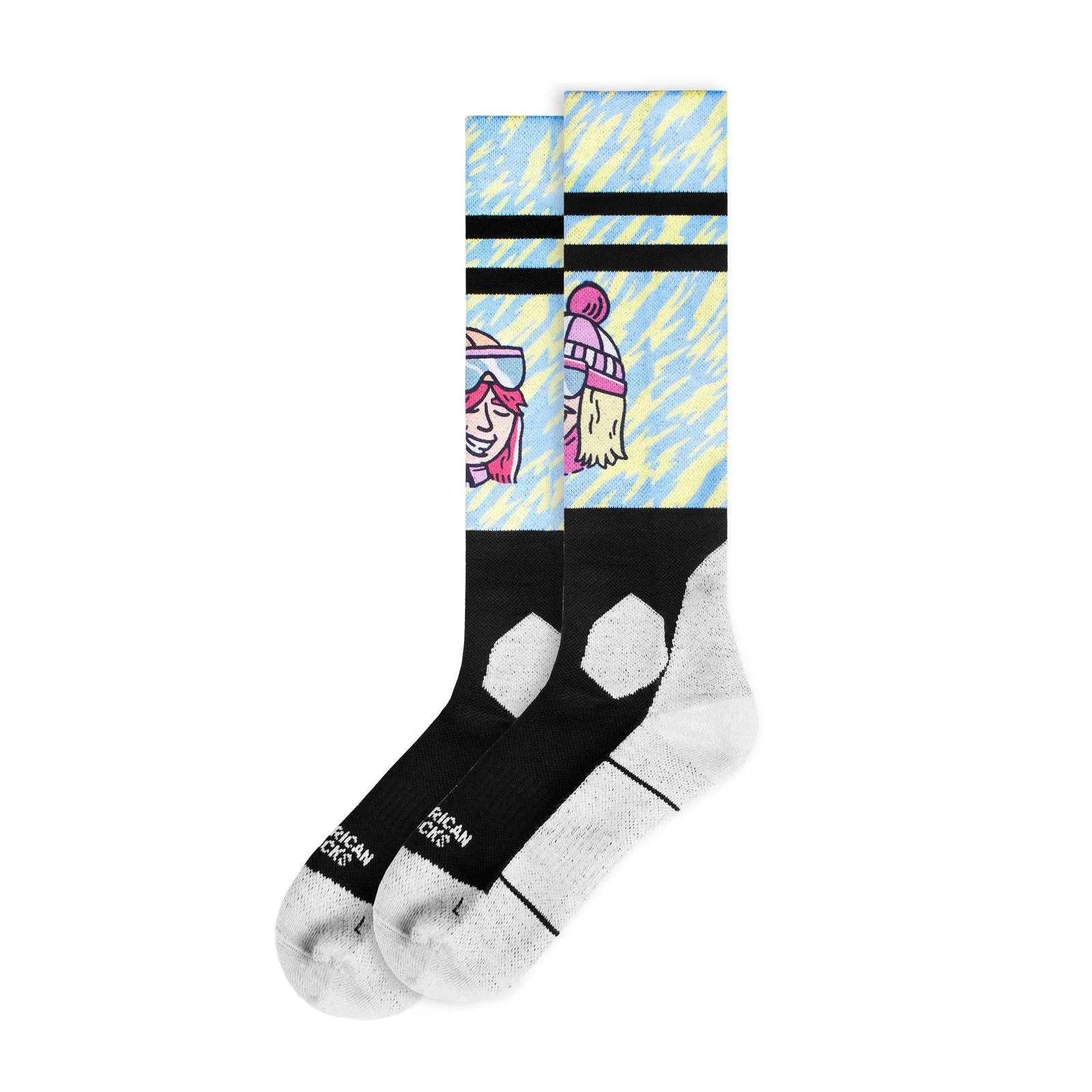 Pair of snow socks with blue and yellow pattern, ski motifs, black stripes and black foot section.