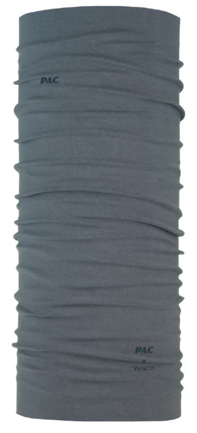 Ein graues, gerolltes PAC ViralOff Graphite Halstuch, das aufrecht steht, mit dem PAC-Logo oben und dem ViralOff-Logo unten.