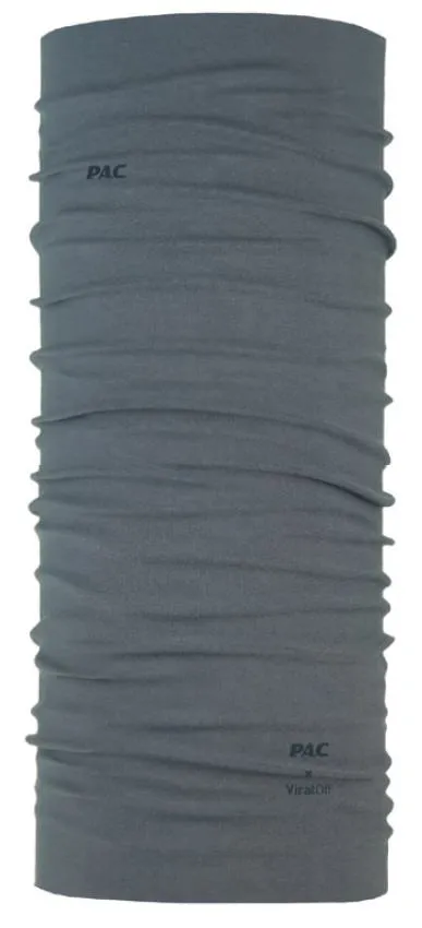 A gray, rolled PAC ViralOff Graphite neckerchief that stands upright with the PAC logo on top and the ViralOff logo on the bottom.