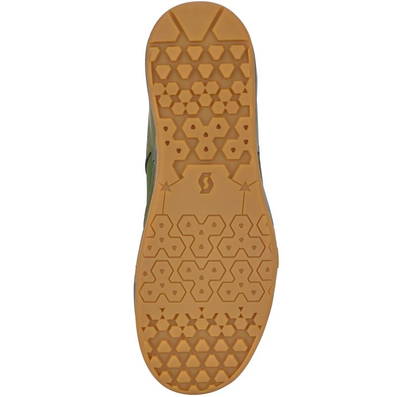 Nahaufnahme der Sohle des Scott MTB AR Green Moss/Black Schuhs mit geometrischem Profil.