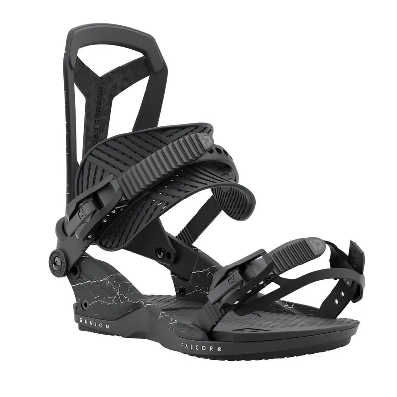 Black Union Falcor snowboard binding with marble pattern on the base plate in side view.