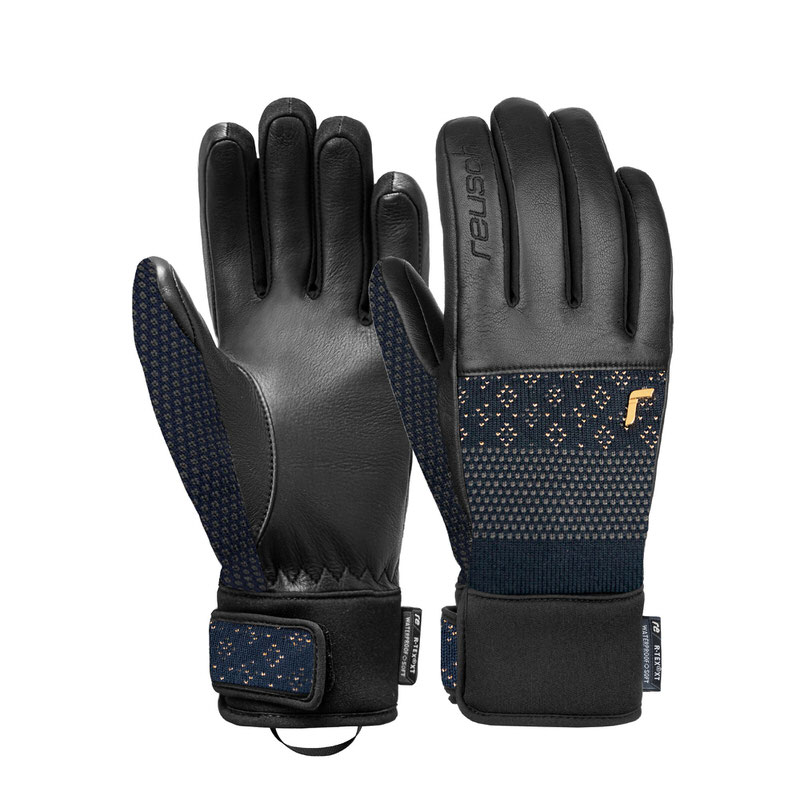 Reusch Petra Vlhova R-TEX XT Handschuhe in Blau und Gold, Leder, mit Muster am Handgelenk und Reusch Logo.