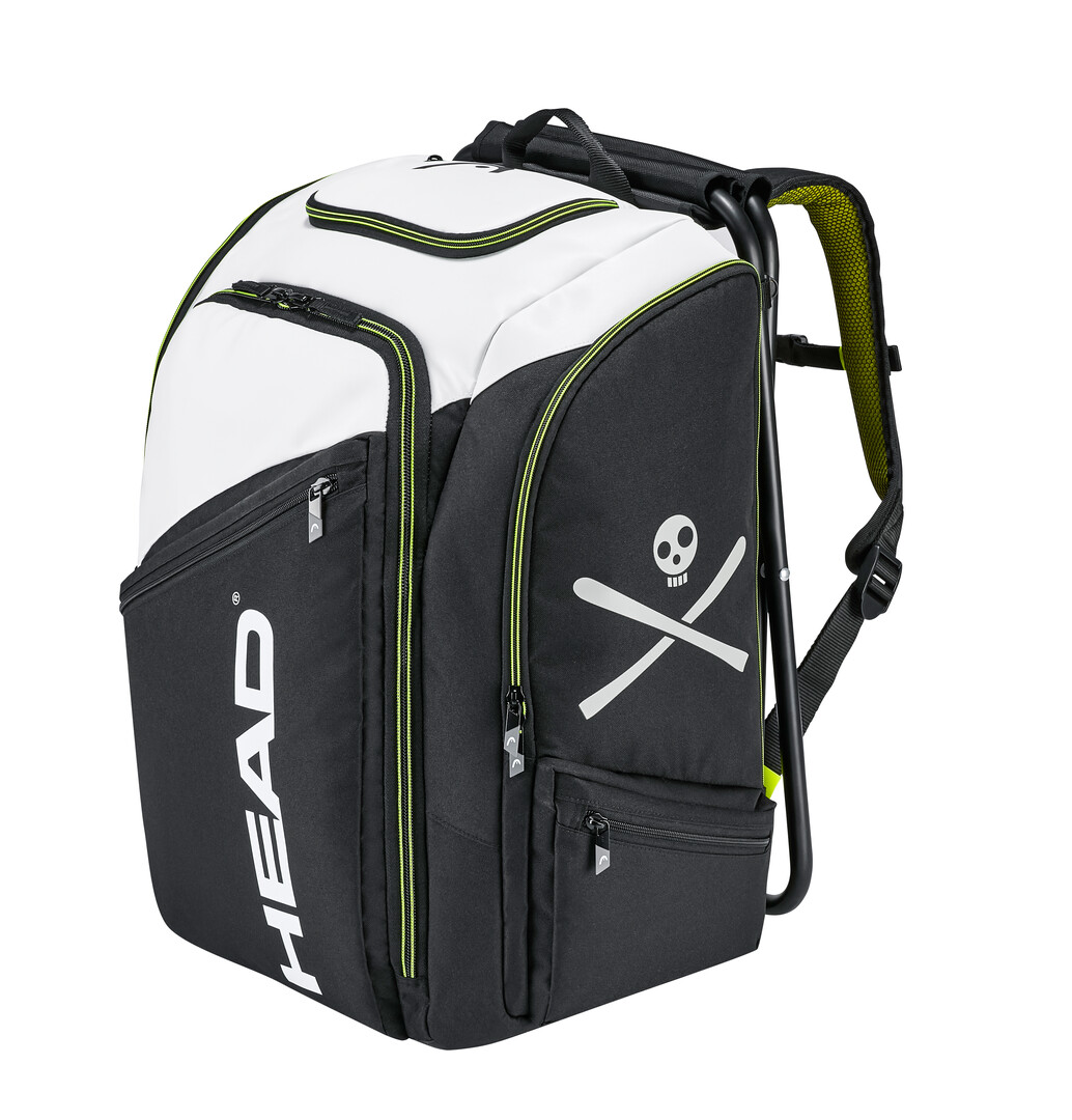 HEAD Rebels Coaches Backpack in Schwarz-Weiß mit Totenkopf-Logo und integriertem Stuhlgestell.