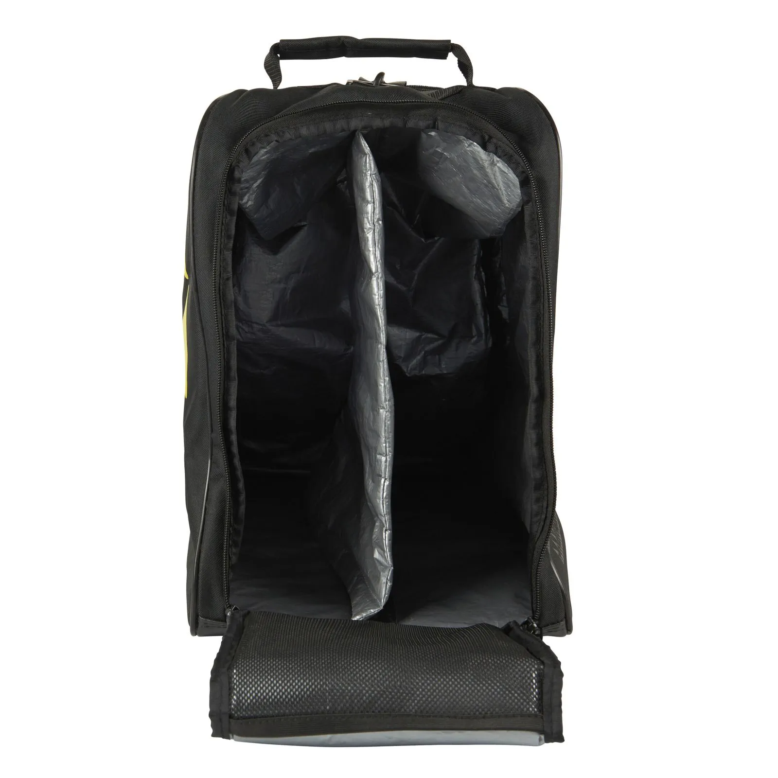 Offene, schwarze Skischuhtasche mit Tragegriff und Reißverschlüssen, Inneneinteiler und Netzfach am Boden.