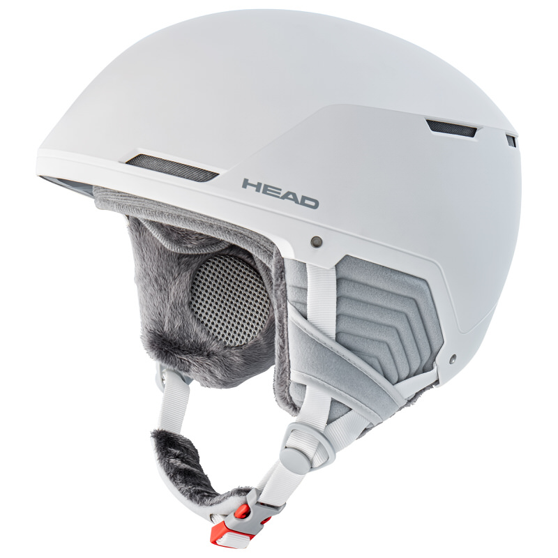 Weißer Skihelm Head Compact Pro W mit Ohrenschützern und Kinnriemen in der Nahaufnahme.
