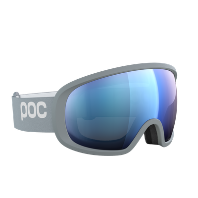 Graue Skibrille mit blau verspiegelten Gläsern und weißem "POC"-Logo am grauen Band.
