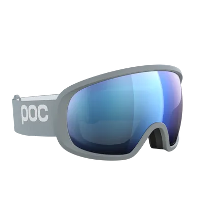 Gray ski goggles with blue mirrored lenses and white "POC" logo on the gray strap.