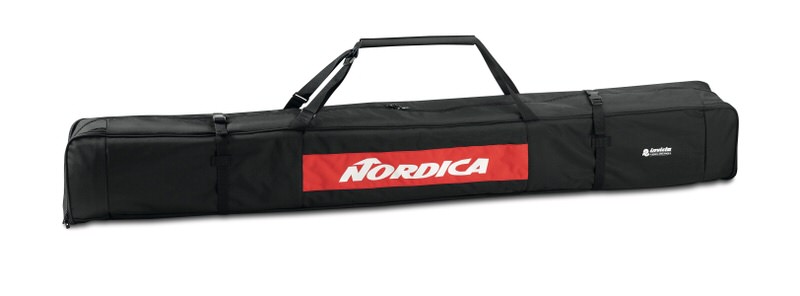 Black Nordica single ski bag with red logo, carrying handle and shoulder strap.