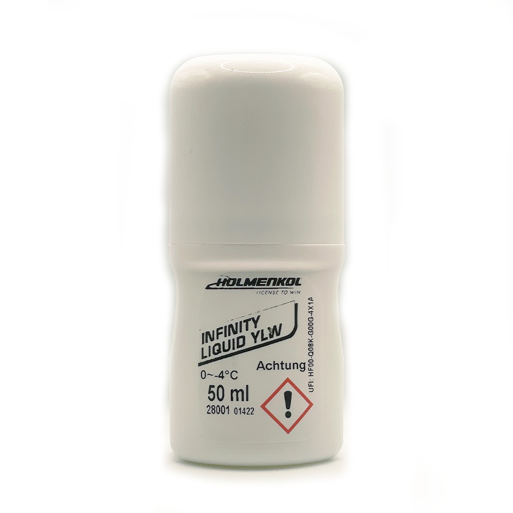 Weiße Flasche Holmenkol Infinity Liquid YLW 50ml mit Aufschrift, Warnsymbol.