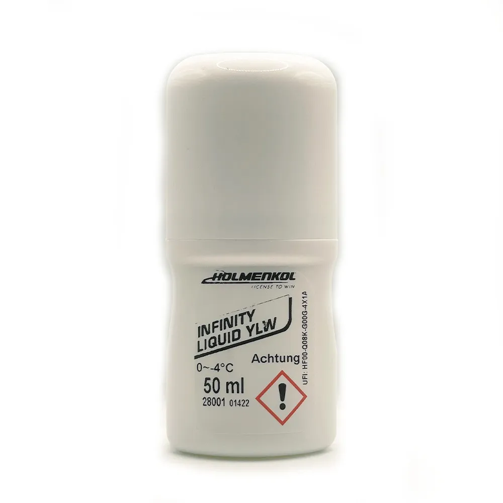 Weiße Flasche Holmenkol Infinity Liquid YLW 50ml mit Aufschrift, Warnsymbol.