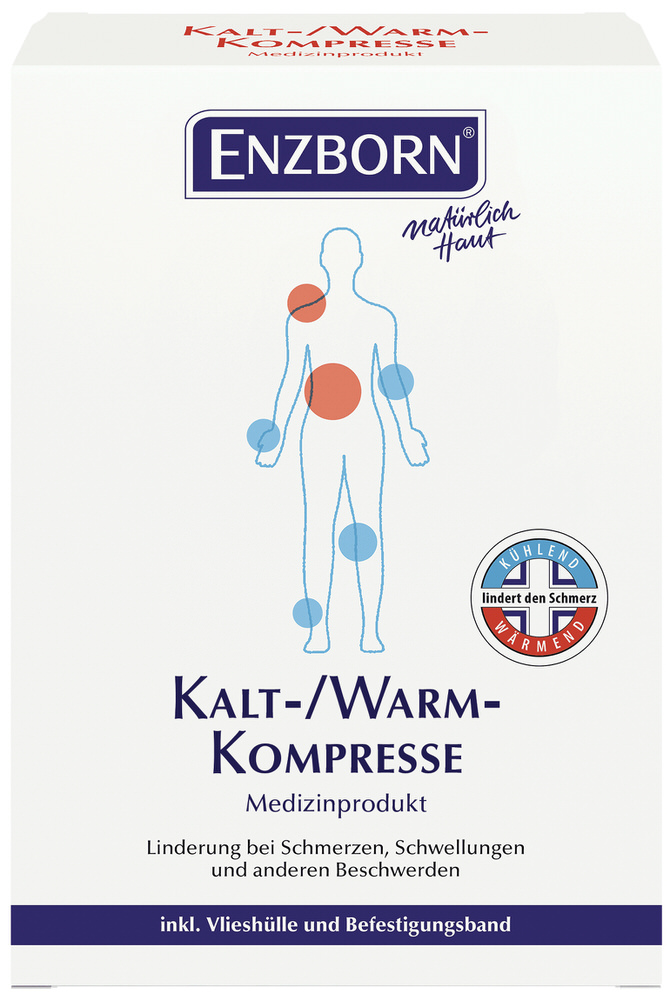 Verpackung der Kalt-Warm-Kompresse mit Körper-Illustration, die Wärme- und Kälteanwendungsbereiche zeigt.