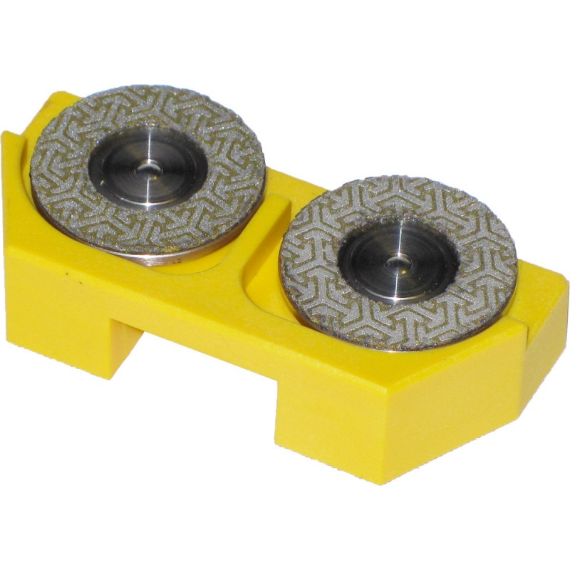 Gelbes Tooltonic Roto Finish RF400 Kantenschleifwerkzeug mit zwei runden, gemusterten Schleifscheiben.
