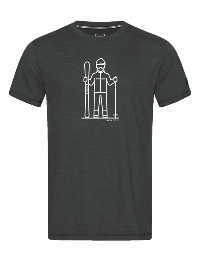 Graues T-Shirt mit weißem Aufdruck eines stilisierten Skifahrers.