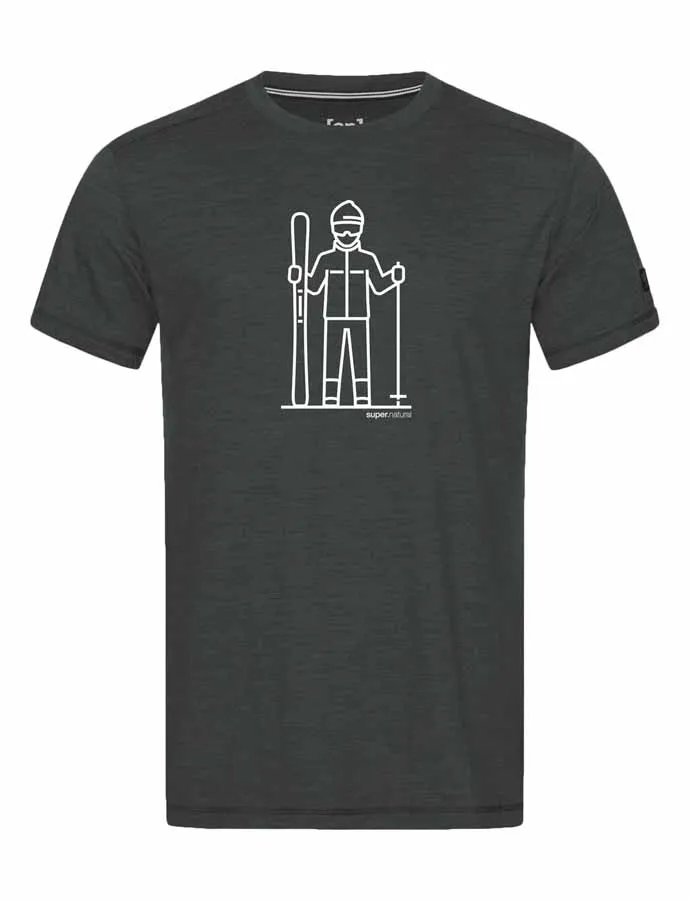 Graues T-Shirt mit weißem Aufdruck eines stilisierten Skifahrers.