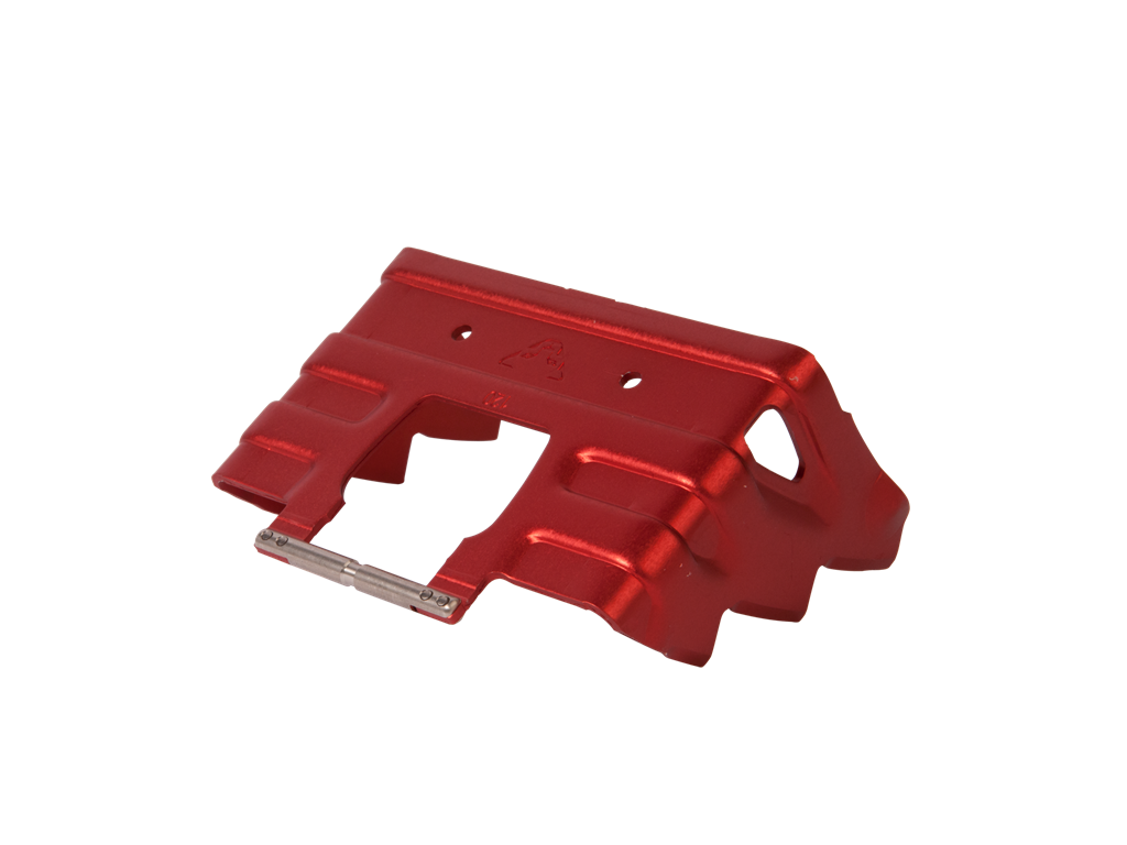 Rotes Dynafit Harscheisen 120mm mit Zacken und Verbindungsstück aus Metall.