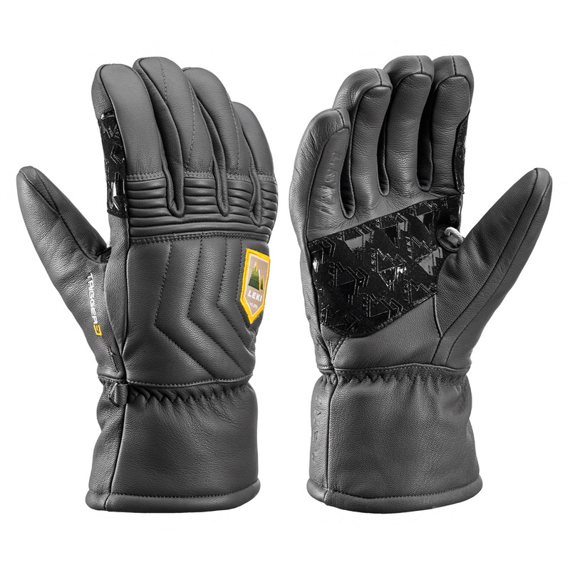 Zwei graue Leki Marbec 3D Graphit Handschuhe, je einmal für die linke und rechte Hand, mit Struktur und Logo.