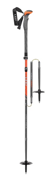 Bâton pliant droit Leki Tourstick Vario Carbon avec poignée, dragonne, rondelles et pointe. Les différentes parties sont reliées par un cordon.