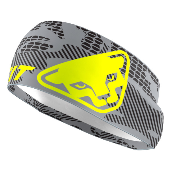 Graues Dynafit Performance Stirnband mit Camouflage Muster und neongrünem Dynafit Logo.