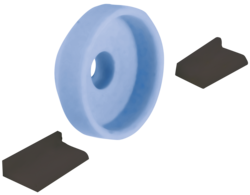 Schleif-Set: Blaue Discman Schleifscheibe mit Loch und zwei schwarzen Gleitbacken für präzise Schleifergebnisse.
