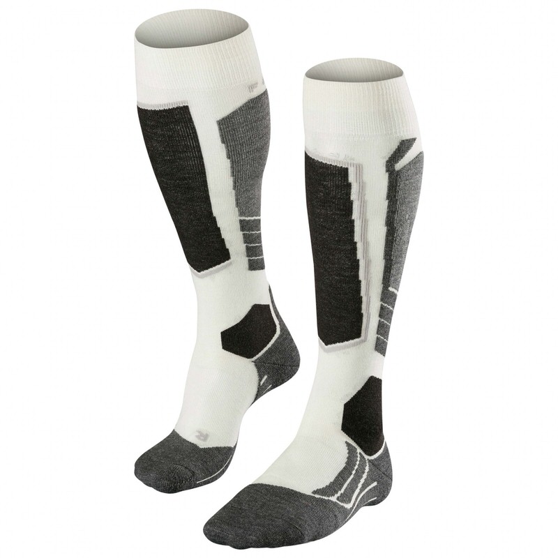 Zwei Falke SK2 Damen Skiing Kniestrümpfe in Schwarz und Weiß, von vorne fotografiert.