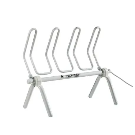 White, free-standing Alpenheat Radiator AD8 shoe dryer with four hangers and mains cable.