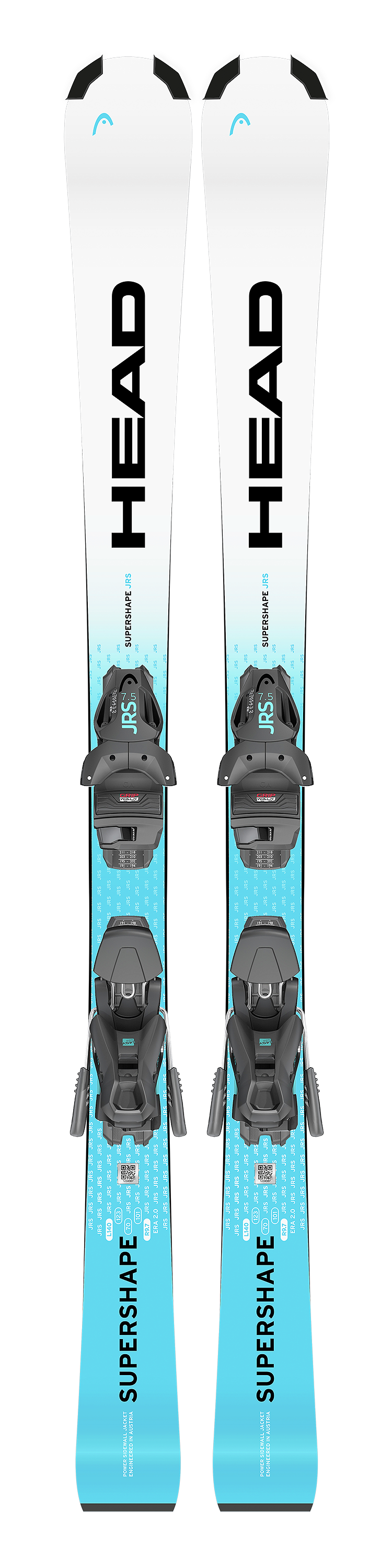 Weiß-blaue Head Supershape JRS Ski mit montierter JRS 7.5 GW CA Bindung, Frontansicht.