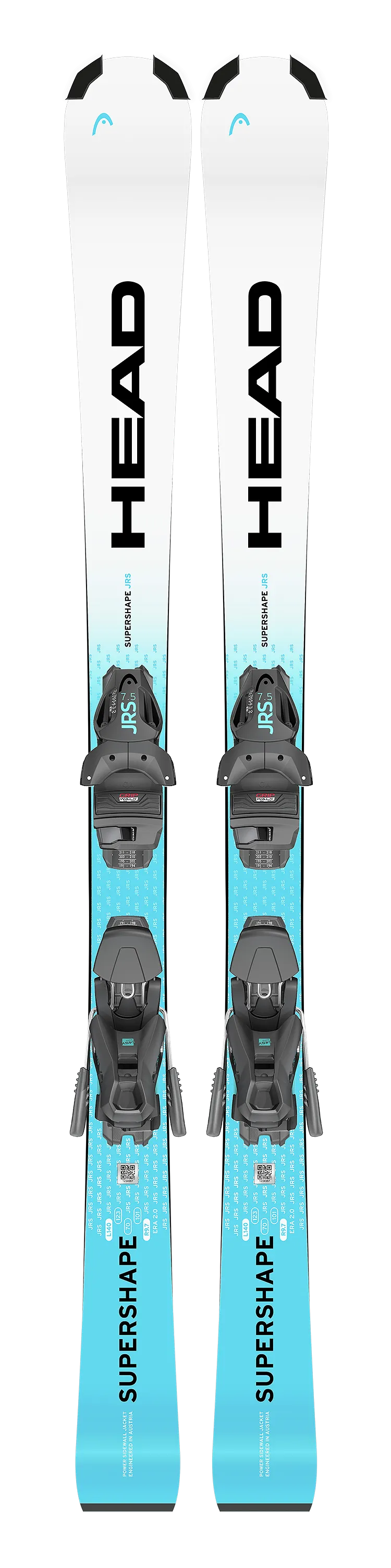 Weiß-blaue Head Supershape JRS Ski mit montierter JRS 7.5 GW CA Bindung, Frontansicht.
