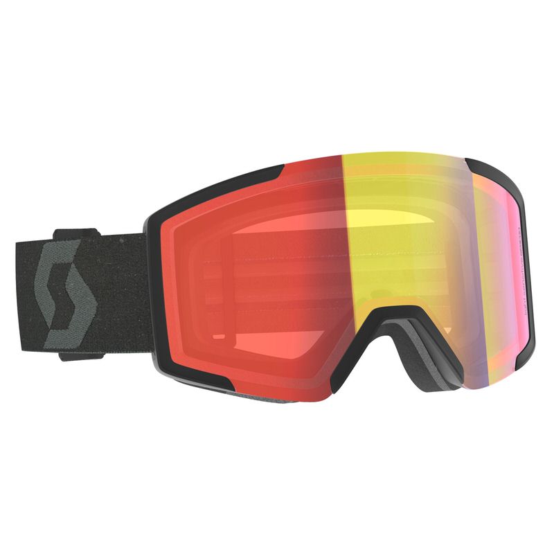 Schwarze Scott Shield Skibrille mit breitem, verstellbarem Band und getönter, zylindrischer Light Sensitive Linse.