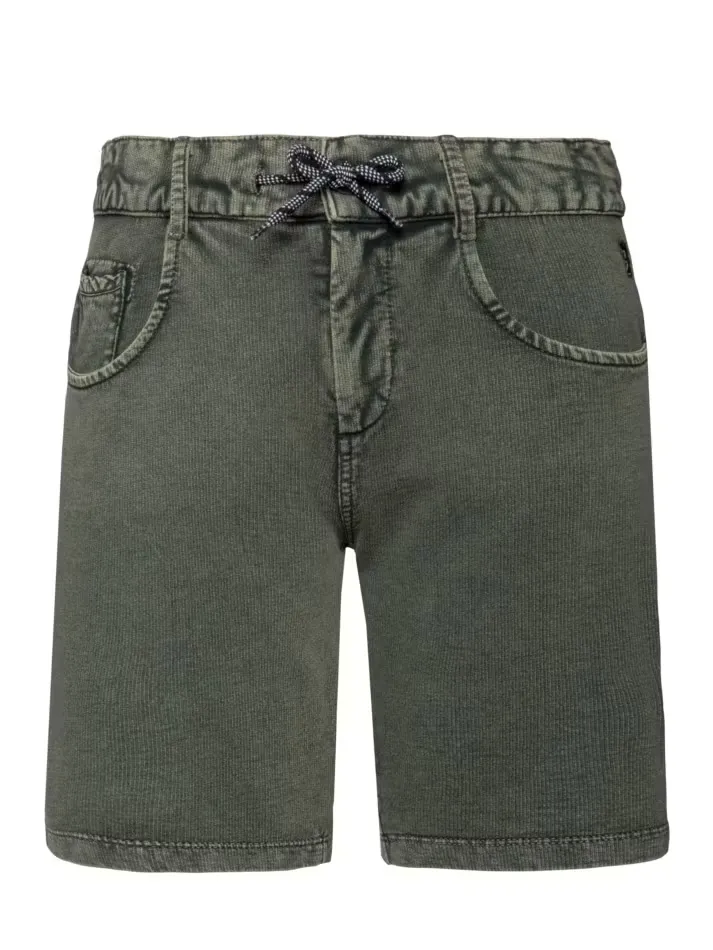 Khakifarbene, kurze Cordhose mit Kordelzug. Die Hose hat zwei abgerundete Taschen vorne und eine kleine Tasche links. Der Kordelzug ist schwarz-weiß gemustert und dient zum Regulieren der Bundweite. Die Hose ist auf einem weißen Hintergrund platziert.