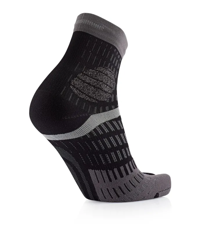 Close-up of a black and gray sports sock on a white background. The heel is black, the rest is patterned.