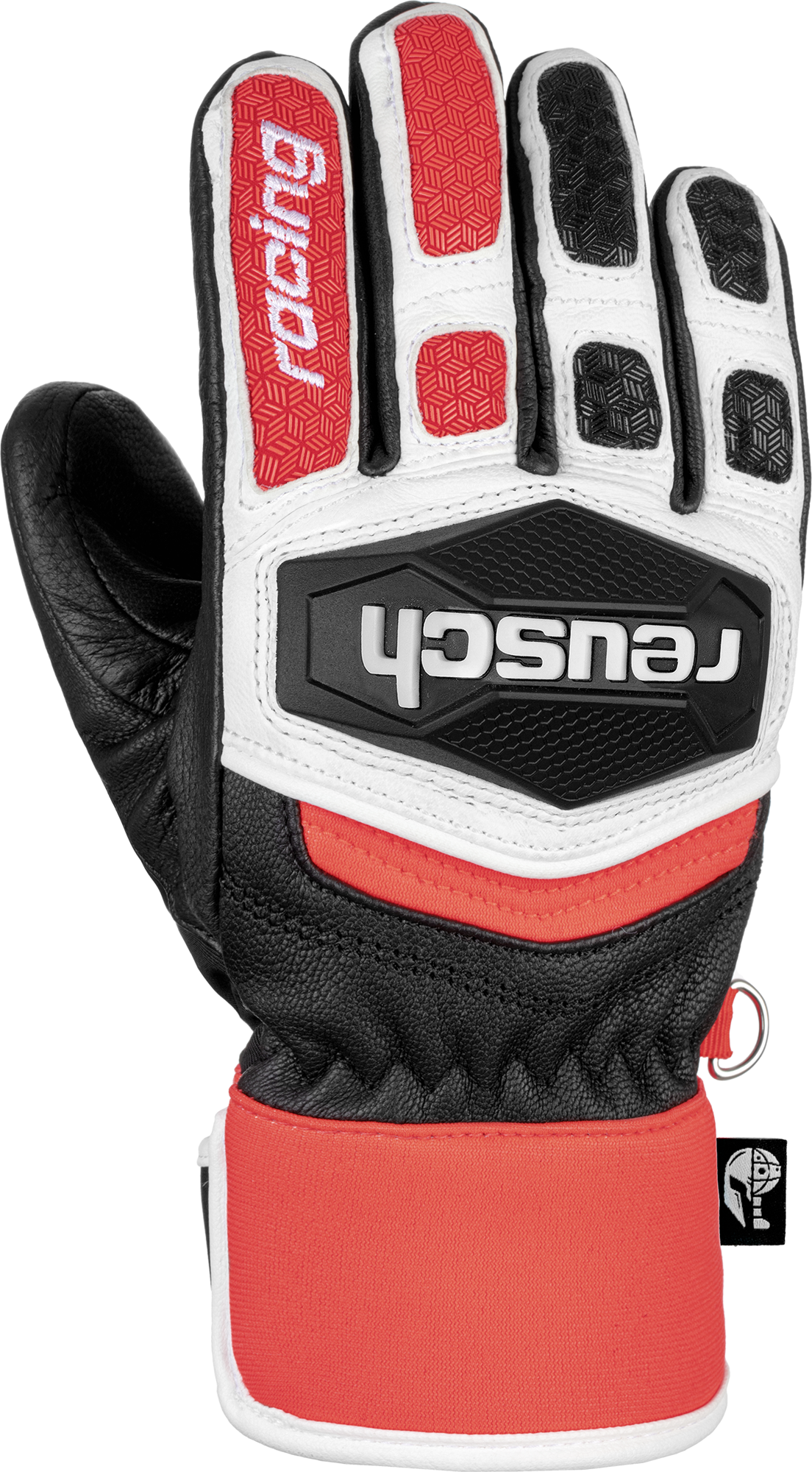 Nahaufnahme von Reusch Worldcup Warrior GS Junior Rennhandschuh. Leder, rote und weiße Akzente, Reusch-Logo.