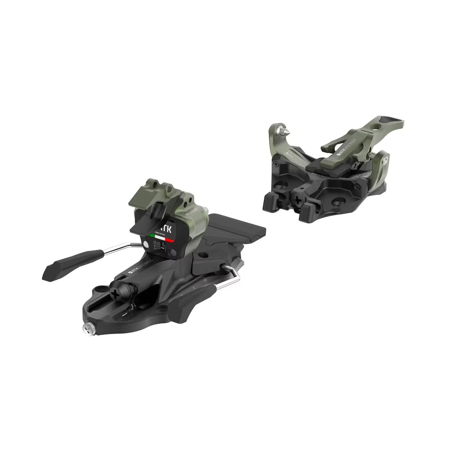 ATK Freerider 13 EVO 97mm Tourenbindung in Schwarz und Olivgrün, Vorder- und Hinteransicht.