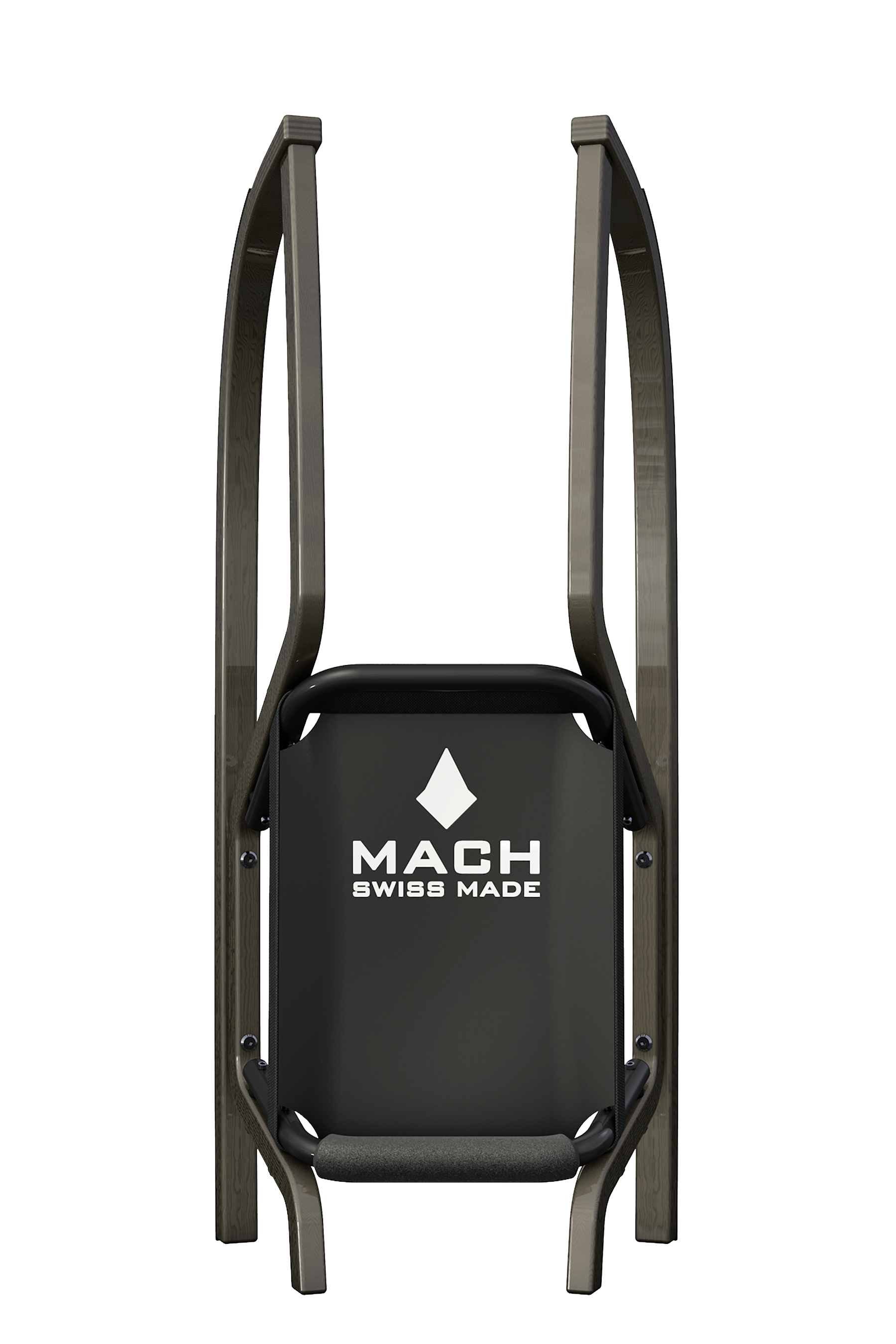 Vue de face du traîneau MACH Black Hawk avec cadre en bois et assise noire, impression "Swiss Made".