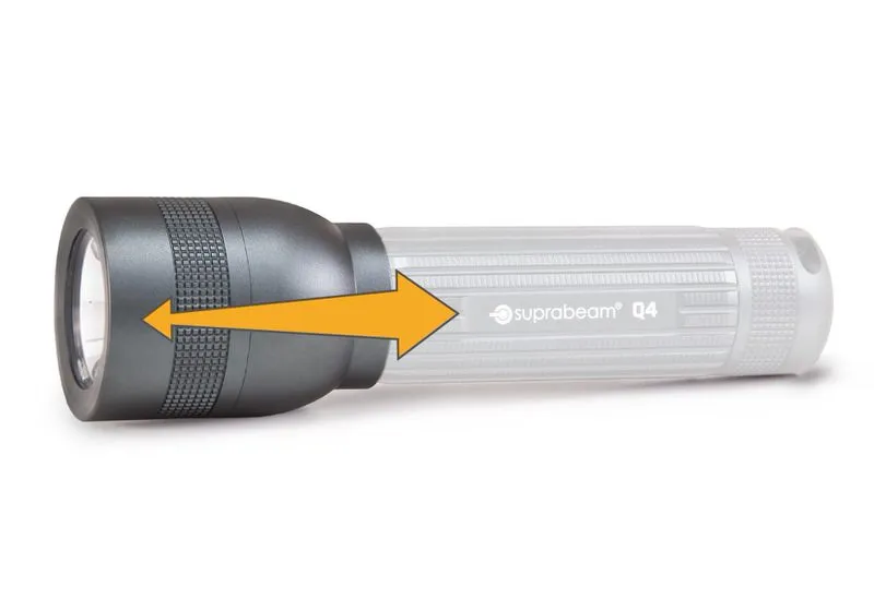 Suprabeam Q4 Taschenlampe, Hyperfokus durch Verschieben des Lampenkopfes, gelber Pfeil zeigt die Richtung.