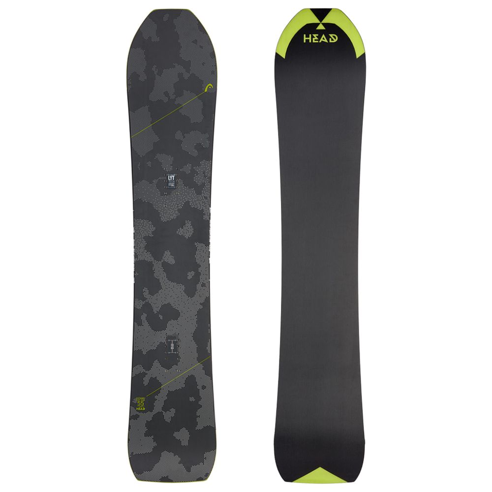 Zwei Head Kizamu LYT Snowboards, Front- und Rückansicht, grau-schwarz mit gelben Akzenten.