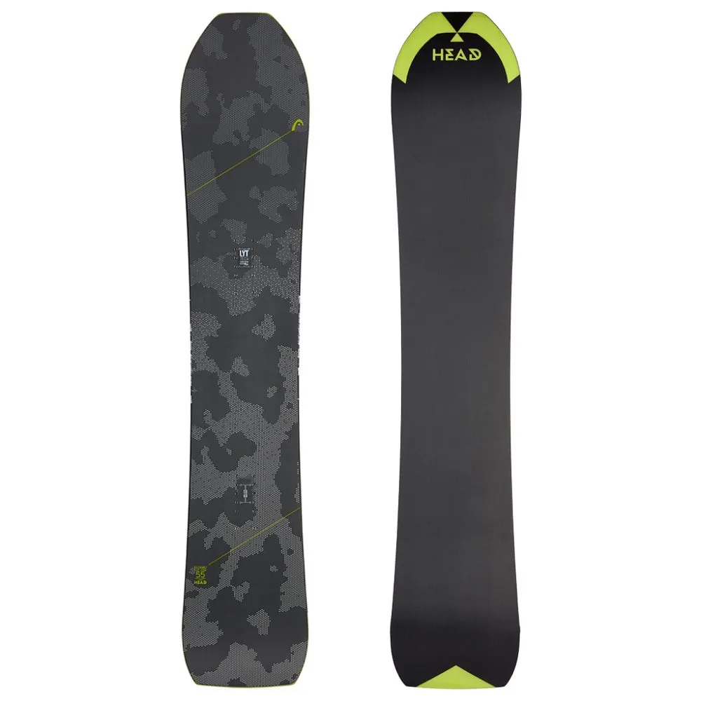 Zwei Head Kizamu LYT Snowboards, Front- und Rückansicht, grau-schwarz mit gelben Akzenten.