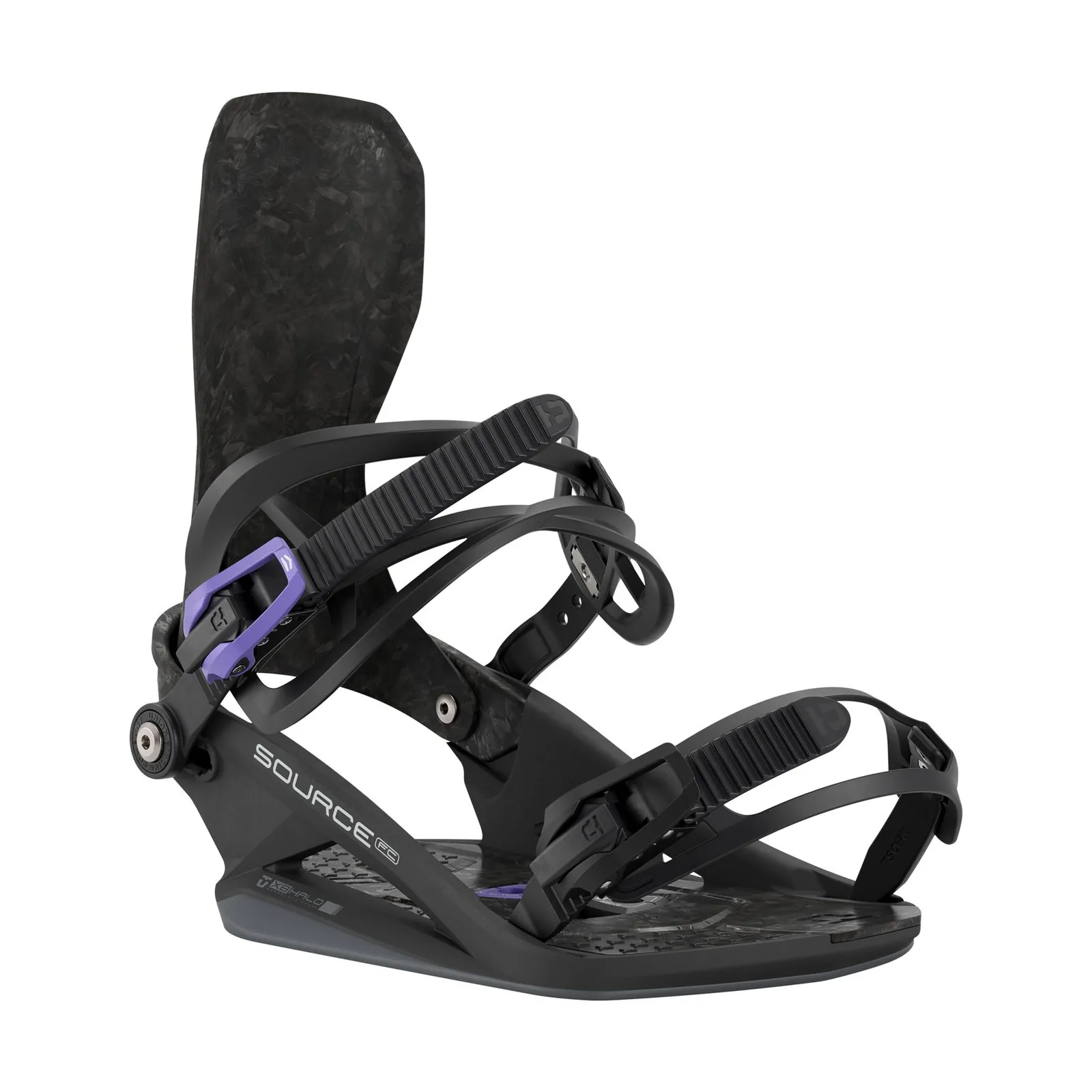 Attacco da snowboard nero con accenti viola, fotografato di lato su sfondo bianco.