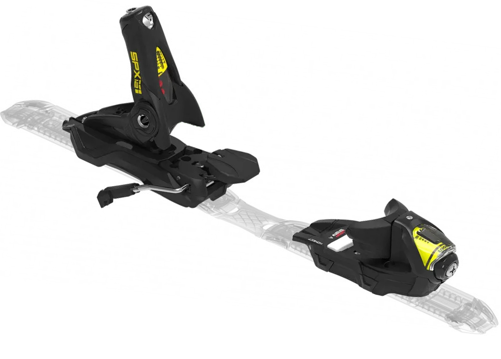 Schwarze SPX 12 Konect Ski-Bindung auf einer transparenten Montageplatte. Gelbe Akzente.