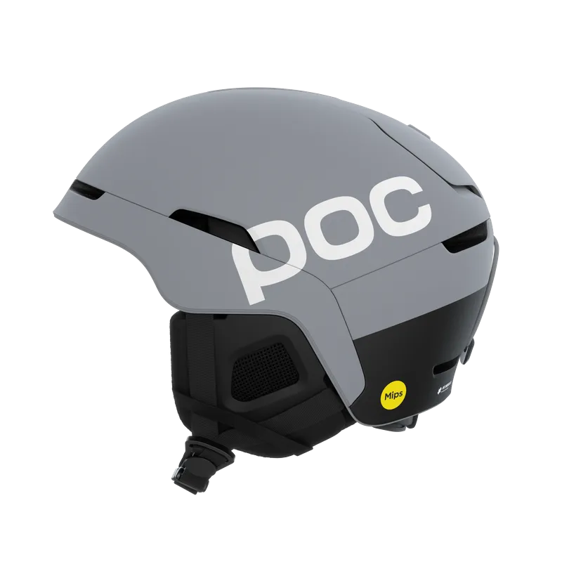 Gray ski helmet by Marker, with white lettering and black ear protection, side view.