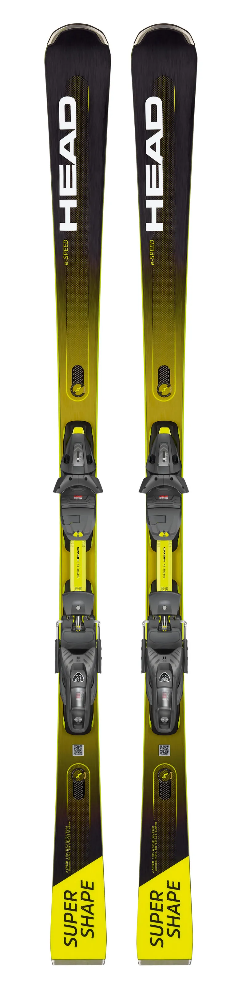 Zwei Ski, Head Supershape e-Speed, mit Bindungen, stehend. Gelb, Schwarz und Grau dominieren das Design.