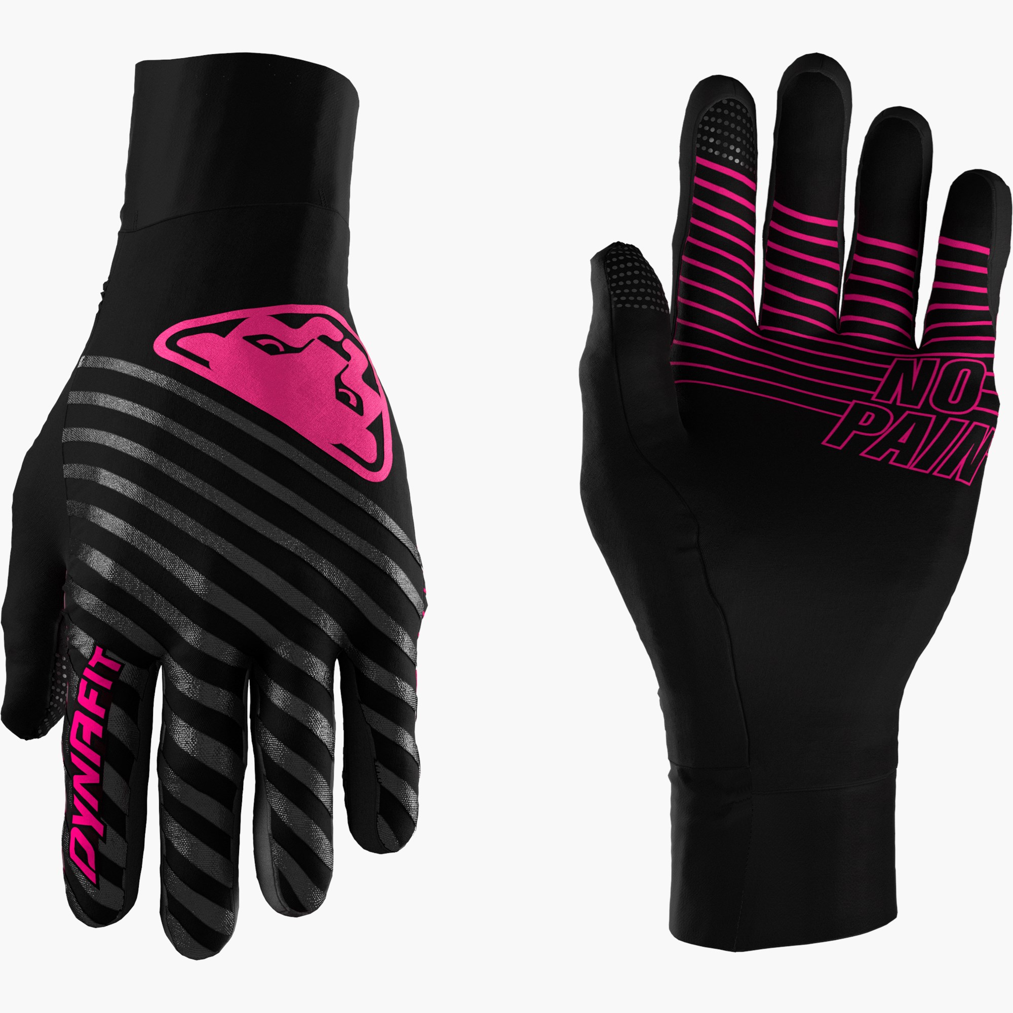 Zwei schwarze Dynafit Alpine Reflective Handschuhe mit pinken Akzenten und reflektierenden Streifen.