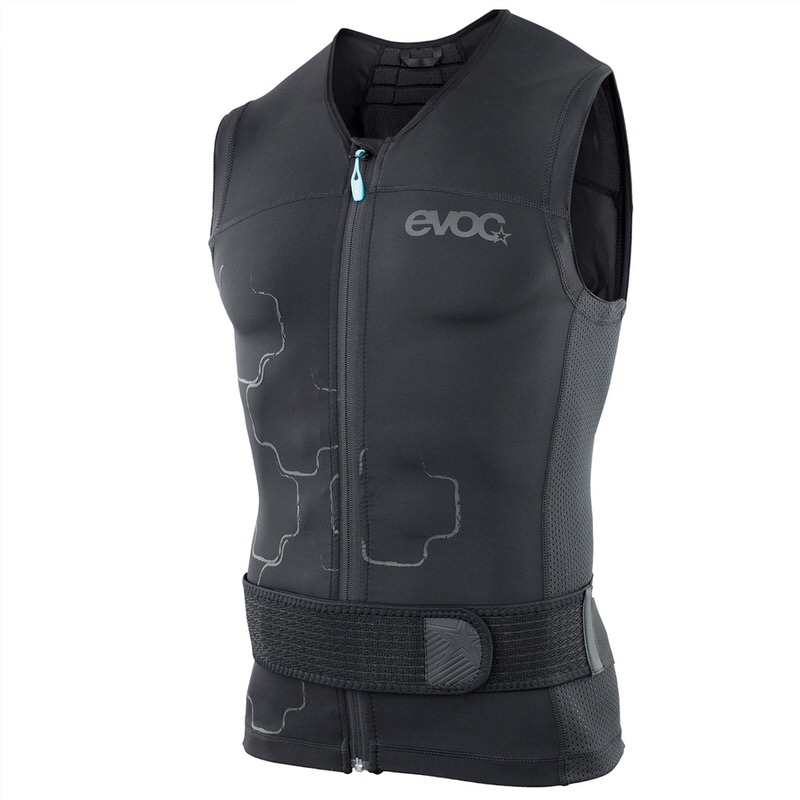 Evoc Gilet Protector Lite Gilet noir Evoc Protector Lite pour hommes, fermeture éclair sur le devant, ceinture réglable en hauteur.