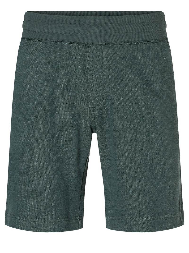 Primo piano: pantaloncini in maglia verde scuro con elastico in vita.
