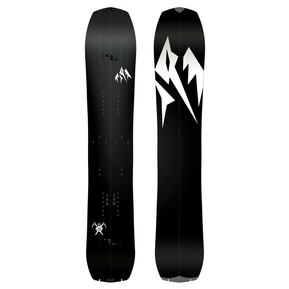 Schwarzes Jones Ultra Solution Splitboard, geteilt in zwei Hälften, mit weißem Logo.