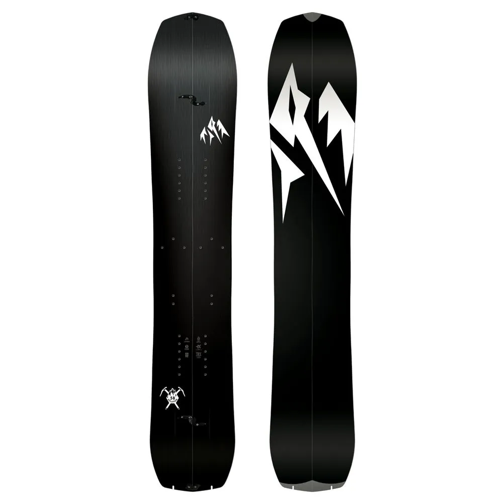 Schwarzes Jones Ultra Solution Splitboard, geteilt in zwei Hälften, mit weißem Logo.