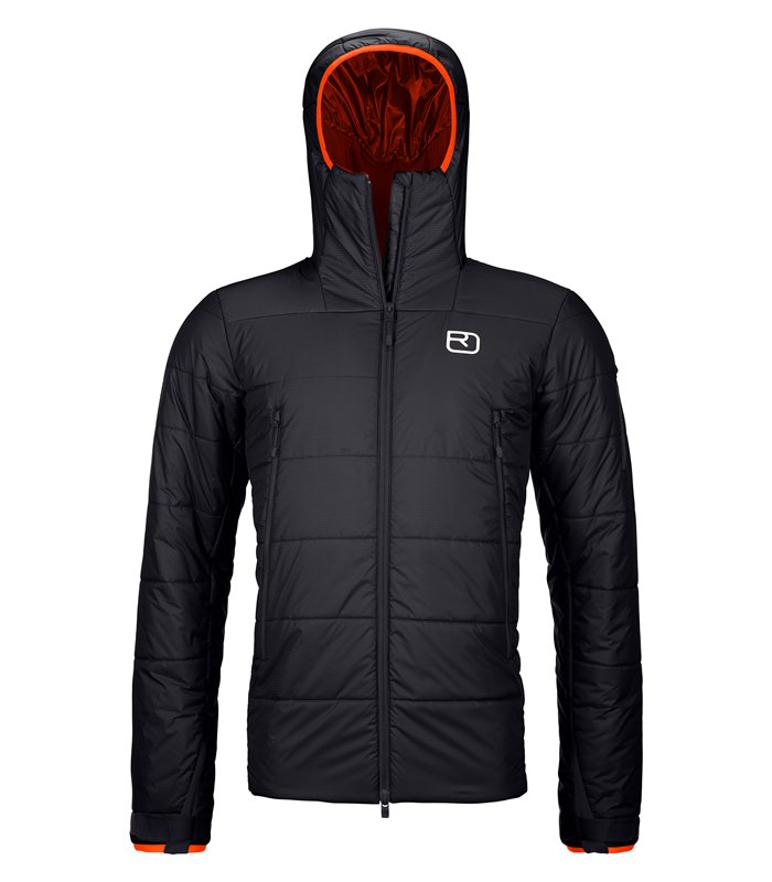 Giacca Zinal nera da uomo con cappuccio e fodera arancione, vista frontale.