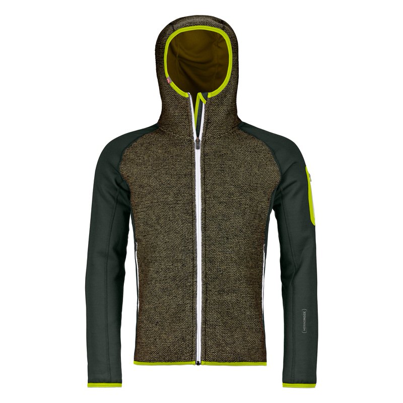 'Green Pine' Ortovox Classic Knit M Hoody Fleece mit Kapuze und durchgehendem, weißen Reißverschluss. Strickdetails auf der Vorderseite.