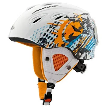 Weißer Skihelm "Alpina Grap Junior" mit orangenfarbenem Innenfutter und abstrakten blauen und orangenen Mustern.